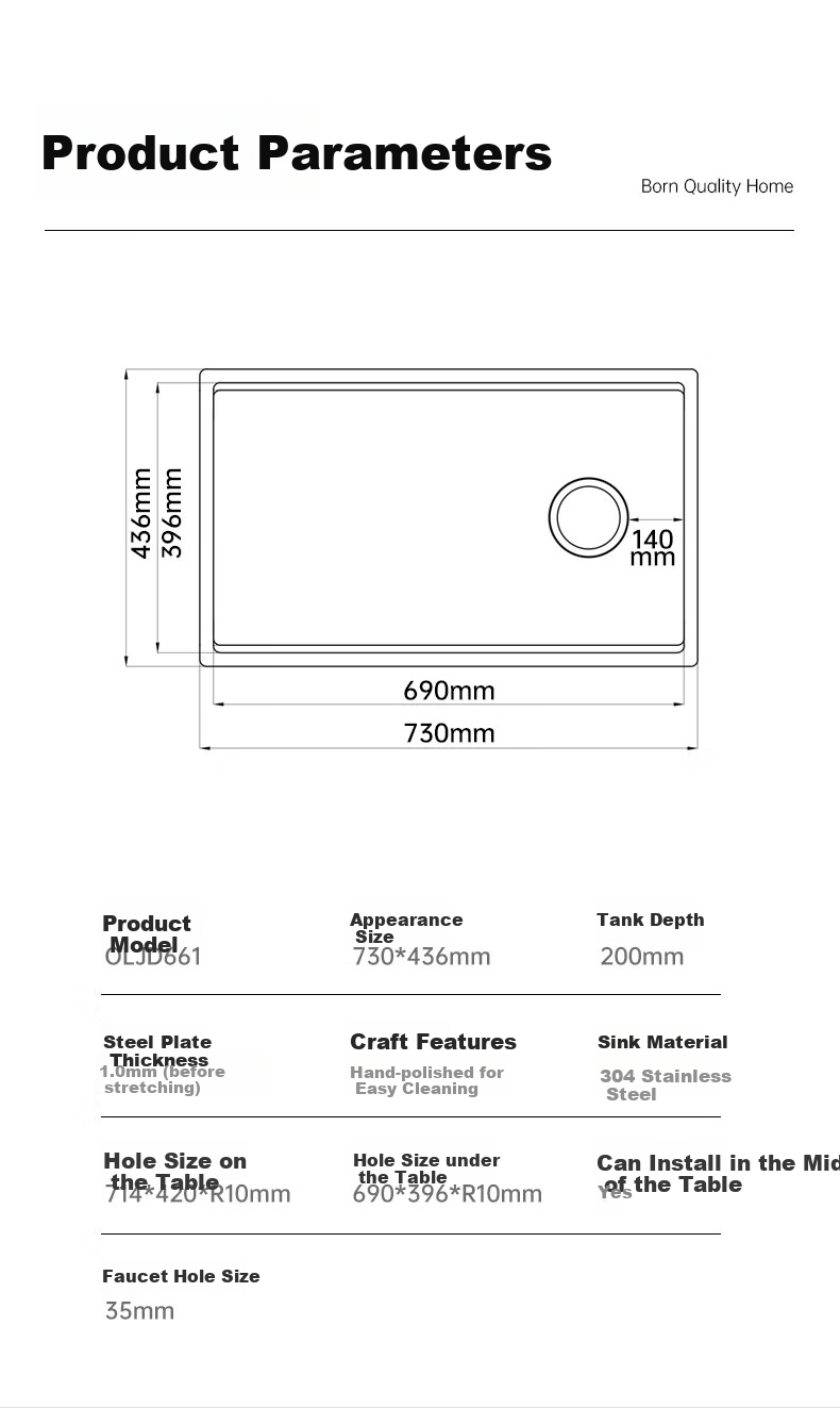 OULIN Kitchen Sink, Large Single Basin Vegetable Washing Sink, Integrated Basin, No Coating, SUS304 Stainless Steel Sink, Pull-Out Faucet, 661 13