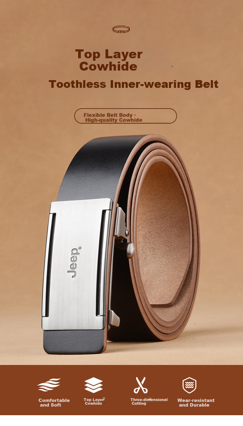 JEEP Men's Belt, Top-Grain Leather, Toothless Automatic Buckle, Casual Pants Belt, Birthday Gift for Boyfriend 1