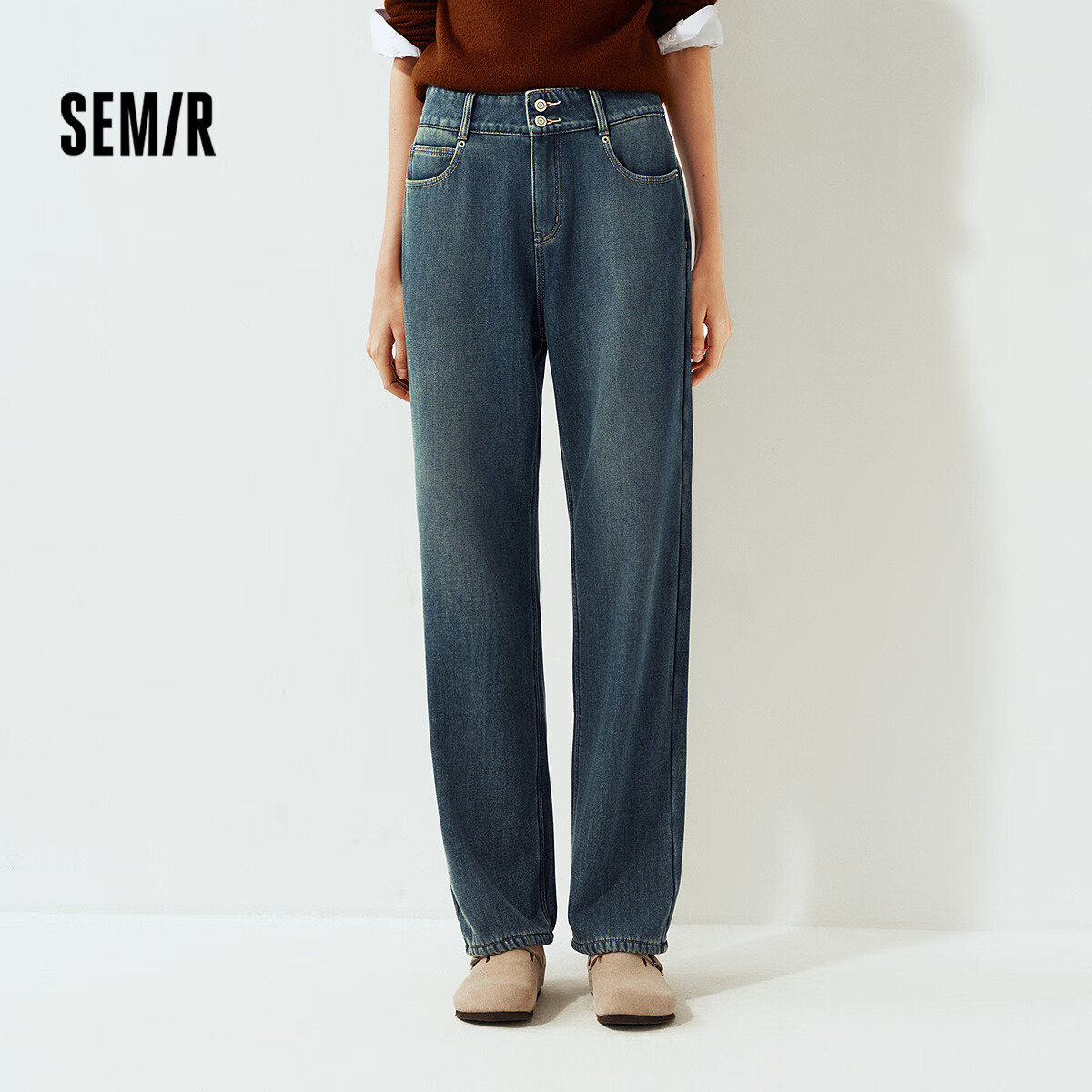 Semir Women's Winter Fleece-Lined High-Waist Straight-Leg Jeans 2025 Cool Style Floor-Length Pants 109725124006