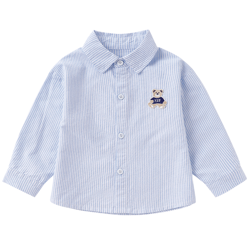 Yishuang'er Children's Shirt Spring and Autumn Boys' Polo Collar 100% Cotton Long Sleeve Baby Shirt Blue Stripes Size 120