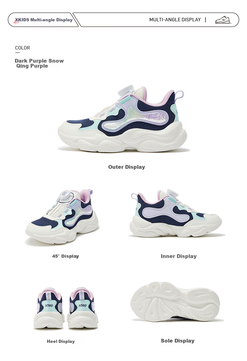 XTEP Kids Toddler Star Casual Shoes Lightweight Cushioning Girls Rotating Buckle Sports Shoes Water Pink/Microwave Blue Size 31 16
