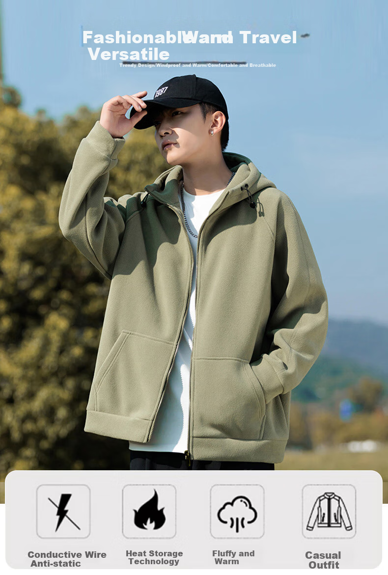 EASTERN CAMEL Fleece Jacket for Men, Spring And Autumn Warm Thickened Cardigan Sweatshirt, Fleece Coat Cotton Padded Jacket Men's Outerwear 1