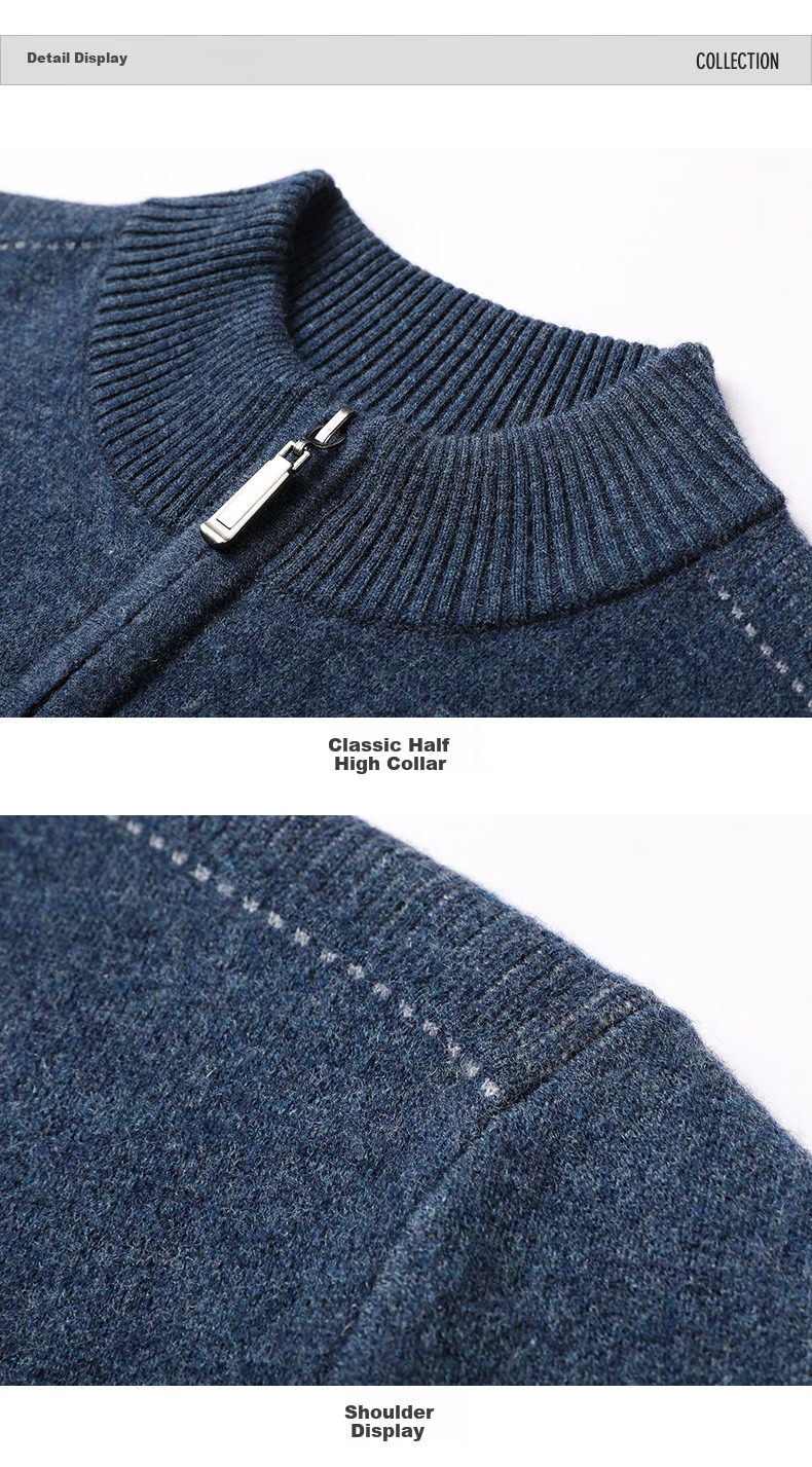 Hengyuanxiang Men's Thickened Winter Zip-Up Turtleneck Sweater, 100% Wool Knit Pullover, Middle-Aged And Young Men's Clothing 13