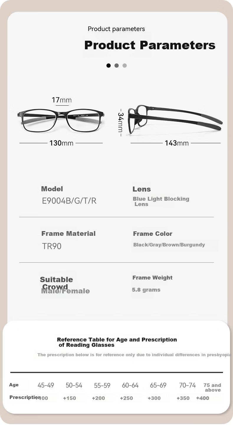 Xiyanghong Reading Glasses for Men And Women, Anti-Blue Light, Fashionable Large Frame, Lightweight Presbyopic Glasses E9004 Brown 300 Degrees 3