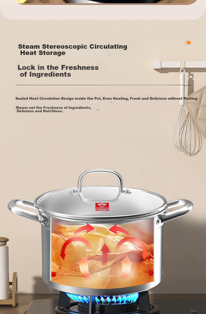 KOBACH Thickened 304 Stainless Steel Large Capacity Stew Pot with Double Handles, Anti-Scalding Noodle Cooking Pot, 24cm, Dishwasher Safe 4