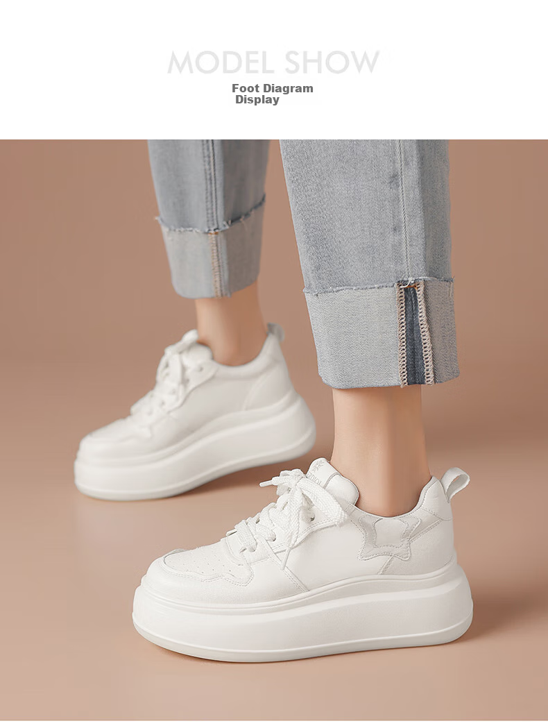 BOERDIQI Top-Grain Leather Versatile White Sneakers for Women, Thick-Soled Height-Increasing Casual Sports Shoes, White And Black, Size 36 7