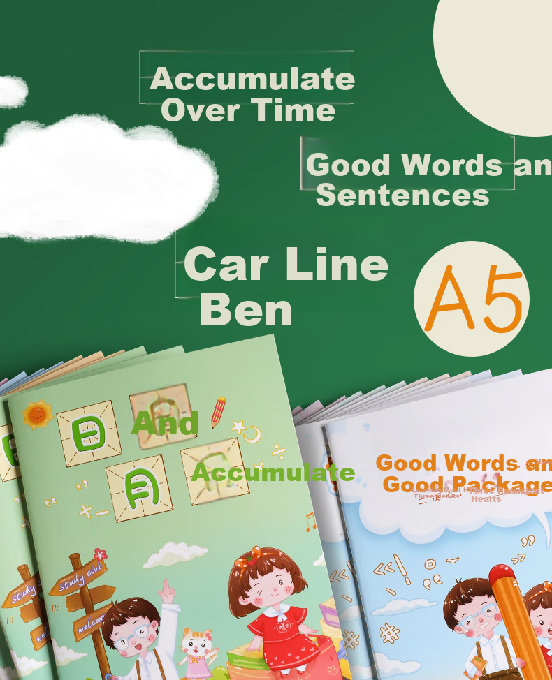 DiLe A5 Reading Notebook for Elementary Students, Good Words And Sentences Collection, Portable Reading Record Book with Notes for Each Grade Level, 32 Pages, Daily Accumulation (Set of 4) 085044 1