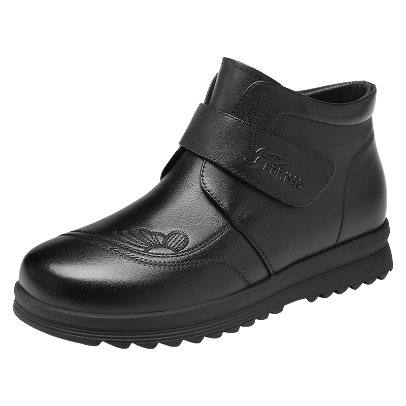 Red Dragonfly Women's Winter Lightweight Fleece-Lined Warm Genuine Leather Fashion Boots Middle-Aged Soft Sole Ankle Boots WTC457631H Black Size 38