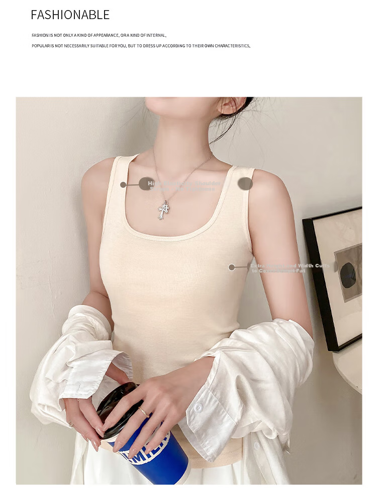 Hengyuanxiang [Pure Cotton] Women's Camisole Tank Top, Beautiful Back Design, Can Be Worn As Outerwear, Square Neckline, Round Neck - White 5