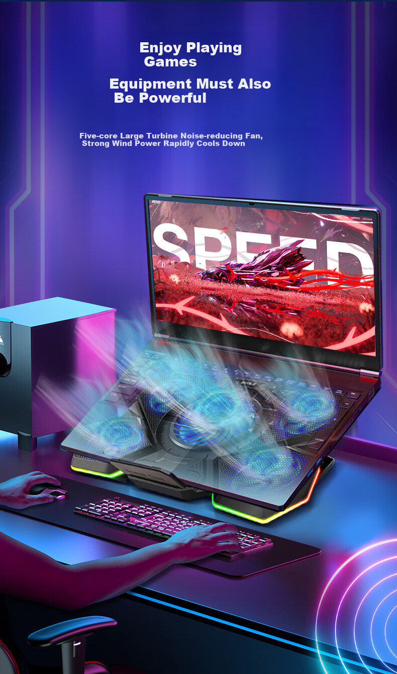 ECOLA Gaming Laptop Cooling Stand, Douzhanzhe Zhans7000 Gaming Five-Fan Cooler with Ten RGB Colorful Light Effects + 7 Adjustable Height Settings NBC-T907 BK 3