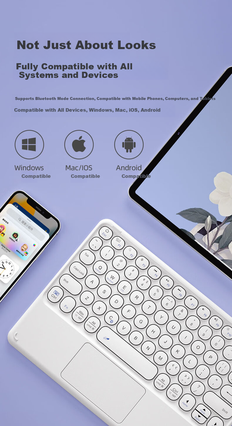 BOW Hangshi X51C Ultra-Thin Bluetooth Wireless Touch Keyboard Compatible with IPad, Xiaomi, Huawei, Apple Tablets, Smartphones, Laptops, Quiet Charging Keyboard, White 3