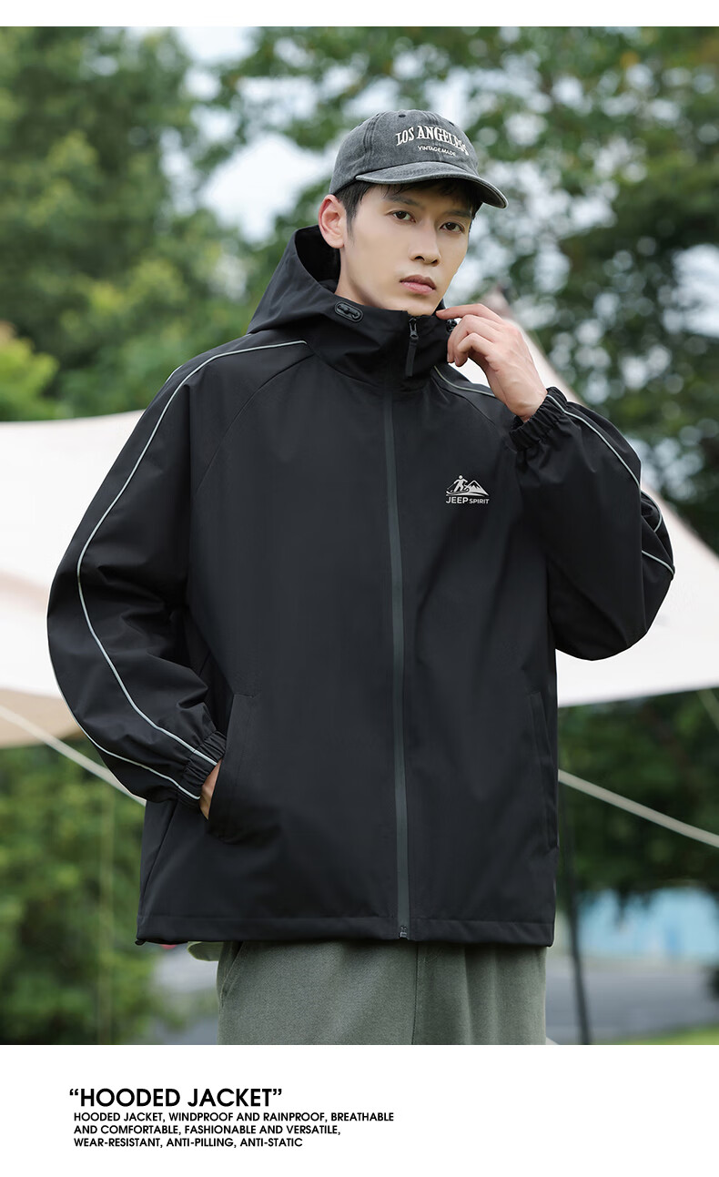 JEEP SPIRIT Men's Autumn Casual Hooded Zip-up Jacket Solid Color Workwear Coat Black 2XL 2