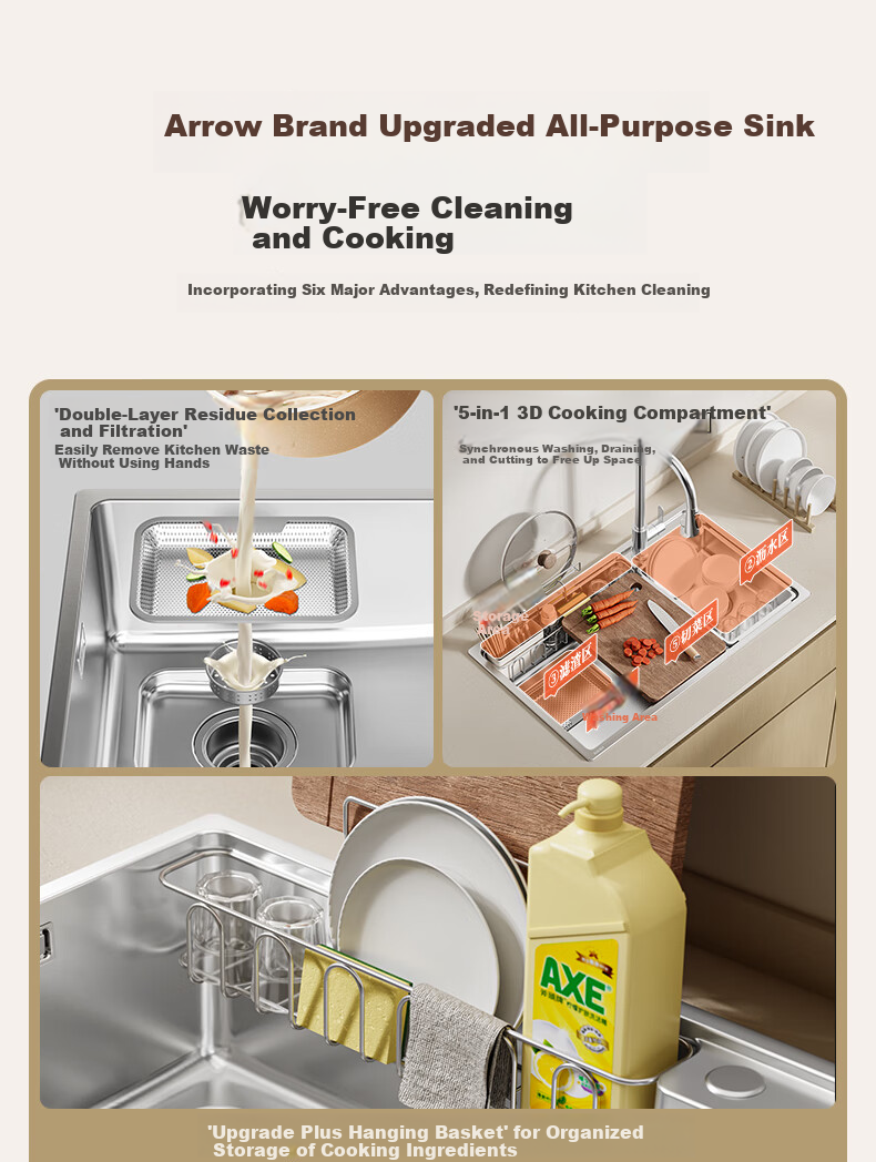 ARROW Kitchen Sink, Large Single Basin, Japanese-Style 304 Stainless Steel Dishwashing And Vegetable Washing Sink, Integrated Basi 4