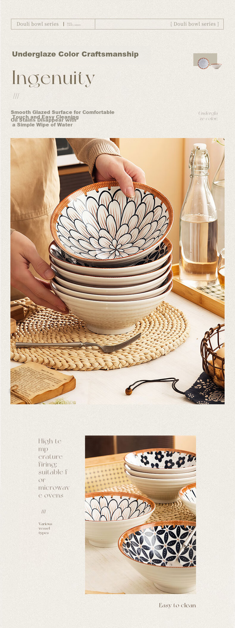 JIWUSENLIN Ceramic Noodle Bowls, Conical Bowls for Home Use, Large Bowls, Tableware, Ramen Bowls, Soup Bowls, Random Floral Patterns, 8 Inches, Set of 4 3