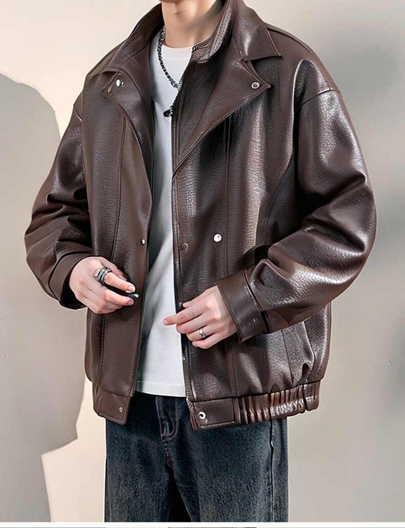 Wu Huang Cat Autumn Winter American Style Retro PU Leather Lapel Casual Jacket Men Fake Two-Piece Coat WJ13 Black L 4
