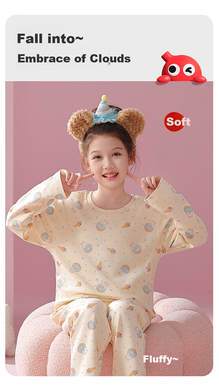 Hodo Children's Pure Cotton Pajama Set, Spring And Summer, for Older Girls, Cute Round Neck Printed Loungewear Set 3