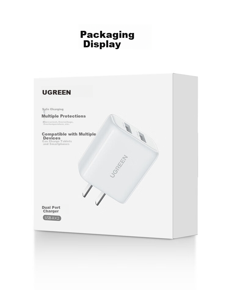 UGREEN 5V 2A/1A Charger, Dual-Port USB Socket Head, Multi-Port Charging Adapter, Direct Plug-In Charger, Suitable for Apple 18/17e/16, Huawei, Xiaomi Phones, IPad Tablets, Smartwatches 16