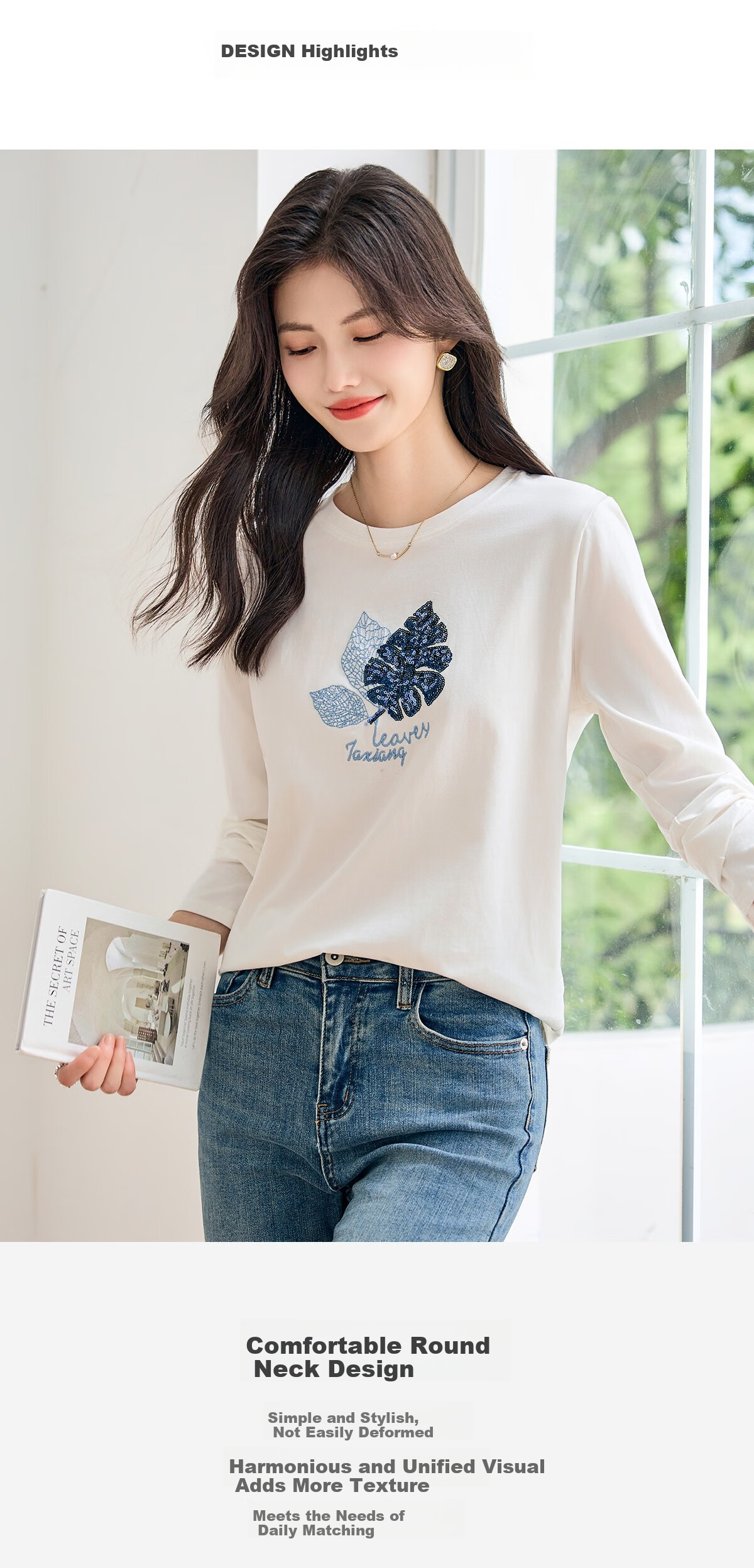 Taxiang Long-Sleeve T-Shirt for Women, Round Neck with Sequin Embroidery, Spring And Autumn Casual Versatile Ladies' Base Shirt T141T2719 5