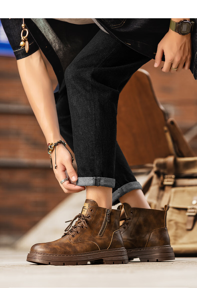 Bull Family [Zhang Ruoyun Same Style] Men's Genuine Leather Martin Boots 2026 Autumn Winter New High-top British Style Work Boots for Men 13