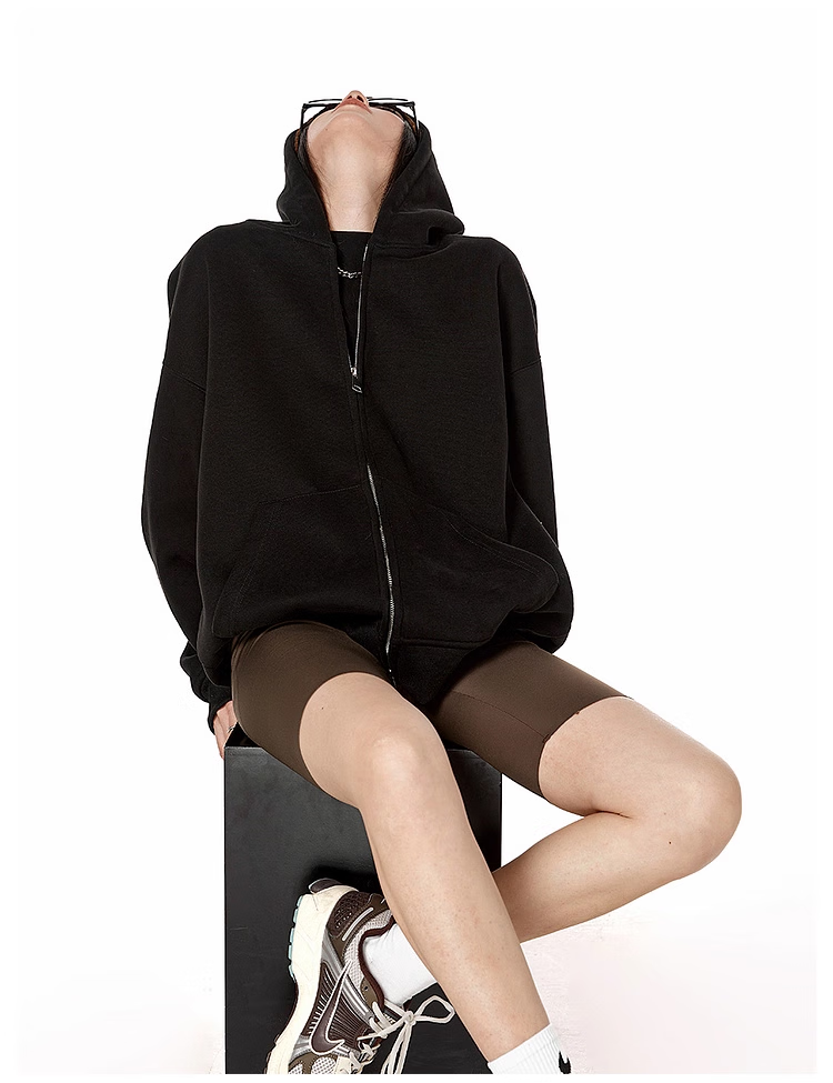 ICH MODE Fleece-Lined American Style Hoodie Jacket Women Autumn Winter Loose Fit Double Zipper Cardigan Lazy Long Sleeve Coat Black L 17