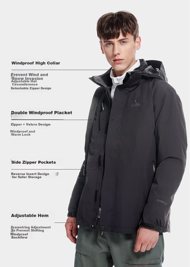 CAMEL Waterproof Three-In Jacket Set for Couples, Style 7127BX Black, Men's M Size 14