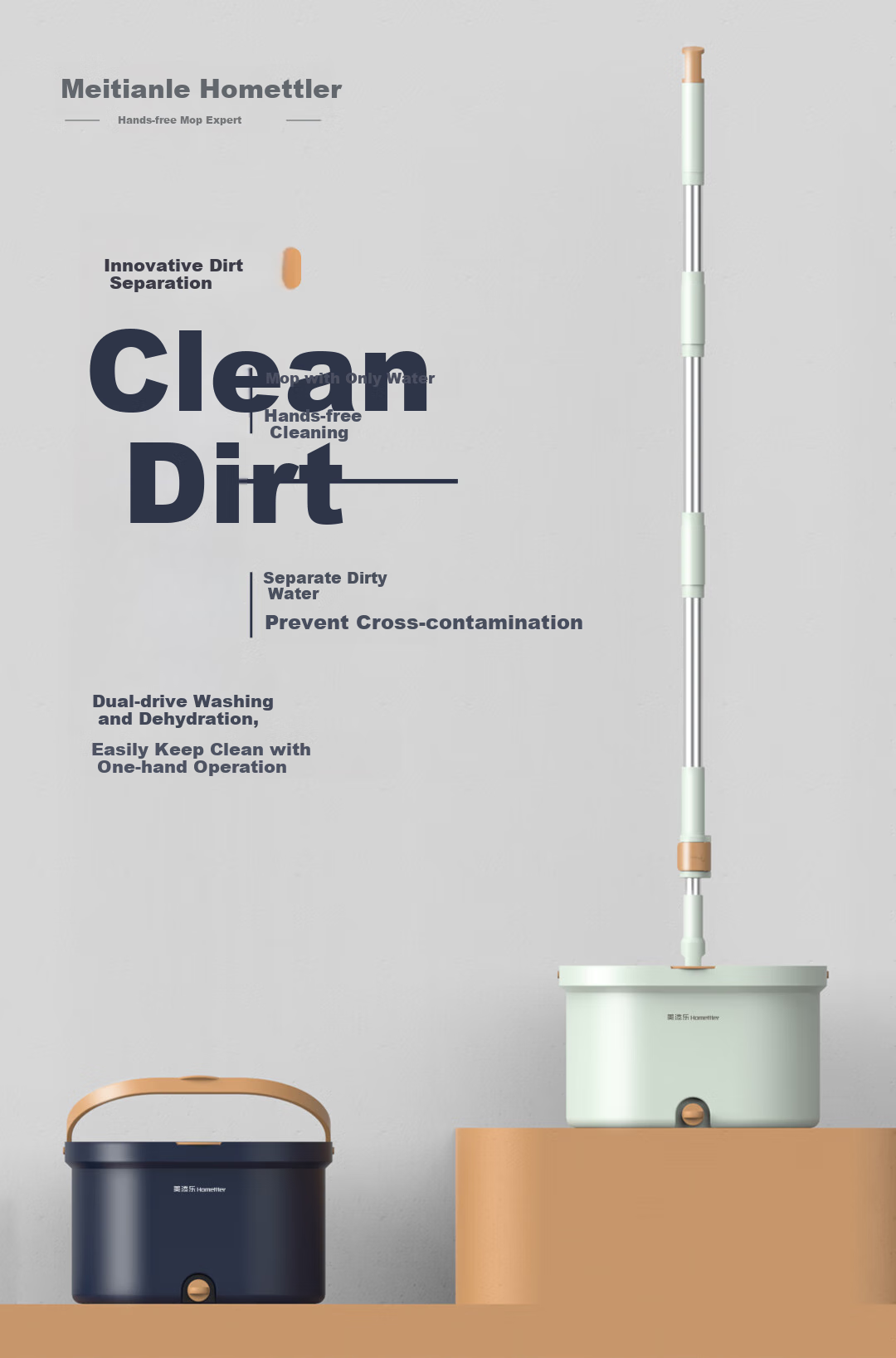 HoMettler Clean And Dirty Separation Rotary Mop, Household All-In 2026, Hands-Free Flat Mop with Bucket, One Set of Three Mops 1
