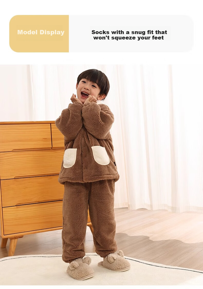 Banbi Children's Slippers, Autumn And Winter Warm Indoor Non-Slip Plush Cotton Shoes for Boys And Girls, Light Khaki, Size 33-34 5