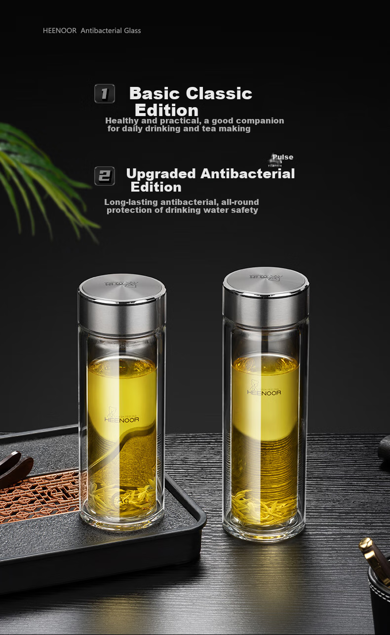 Heenoor Double-Layer Antibacterial Glass Cup, Office And Car Water Bottle for Men, High-End Tea Infuser Mug, Holiday Gift XN-9103K 3