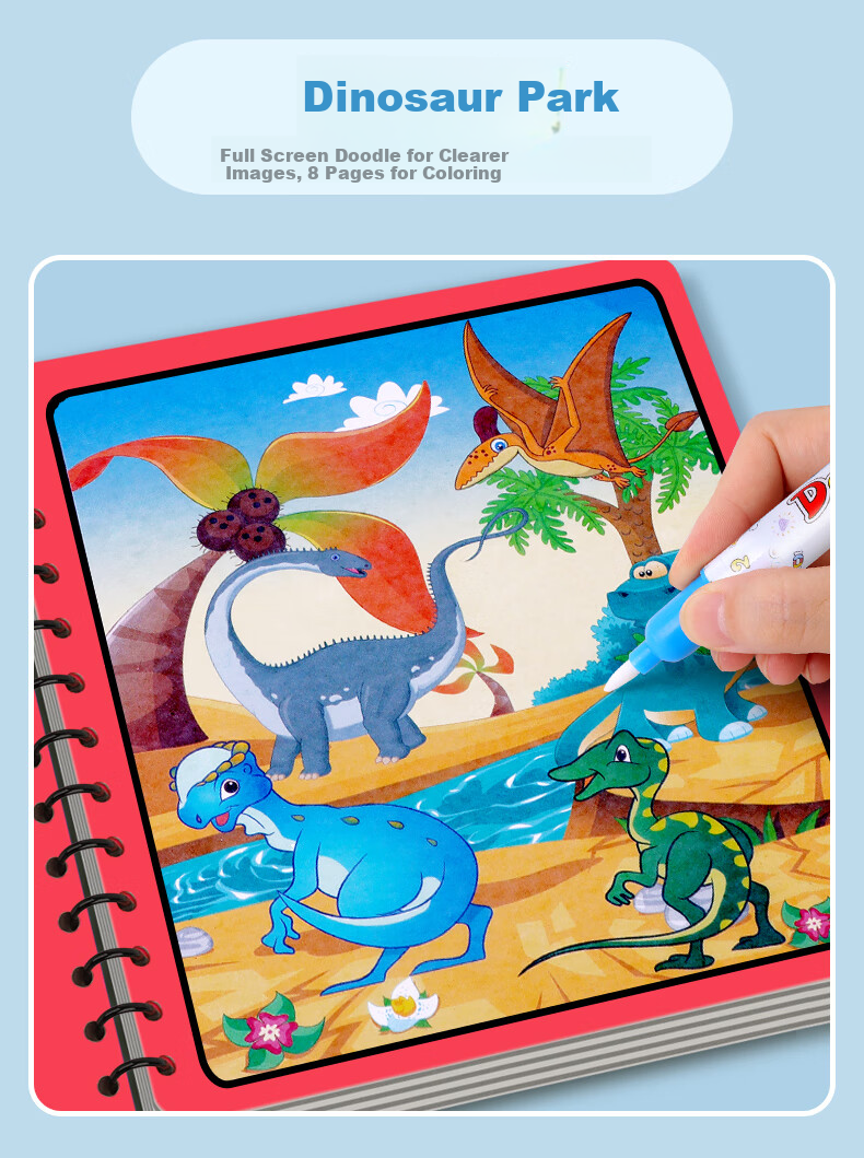 COOKSS Magic Water Drawing Book, Reusable Doodle Water Pen Book, Magic Coloring Dinosaur Toy for Boys And Girls, 6 Books 6