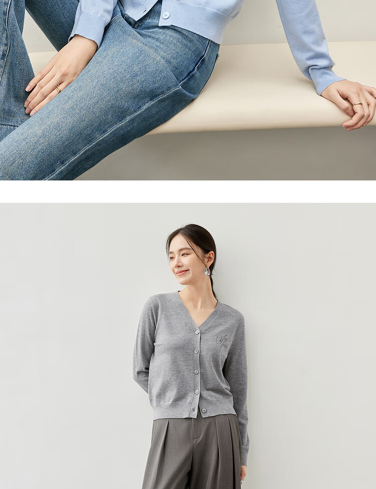 Sentubila Spring Summer Casual V-Neck Cardigan Knitwear Women Simple High-End Top Cardigan Innerwear Light Gray M 14