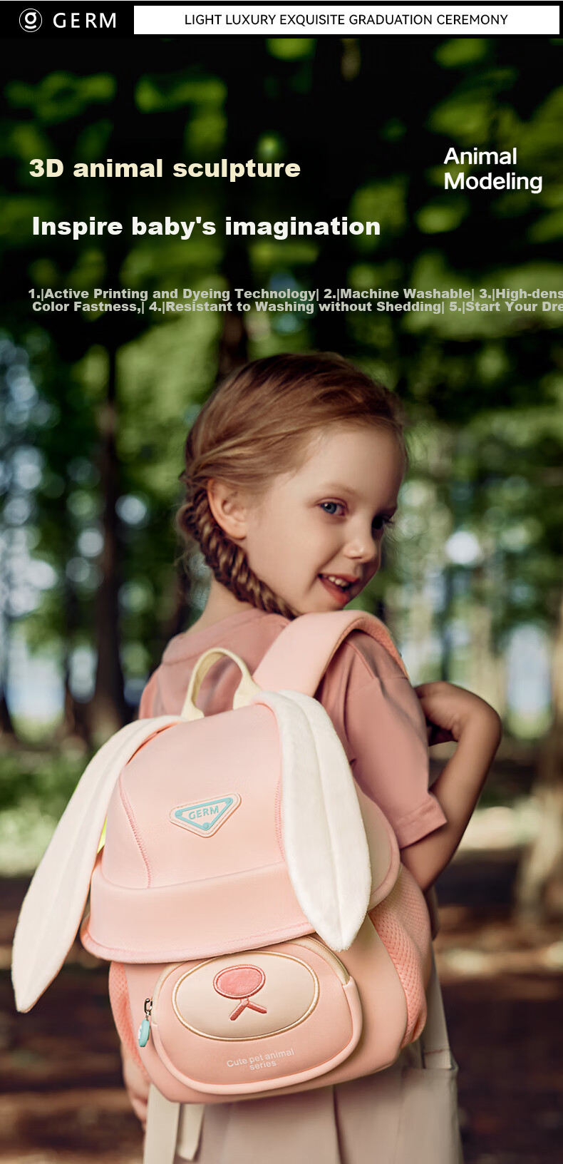 Germ Children's Backpack, Kindergarten Backpack, Ultra-Light Elementary School Bag, Travel Bag for Girls And Boys, Animal-Themed Small Backpack, Keke Xiong 2