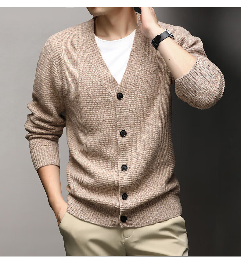 Hengyuanxiang Men's Wool Cardigan Thickened 100% Pure Wool Winter New V-Neck Warm Sweater Men's Versatile Knit Jacket 9
