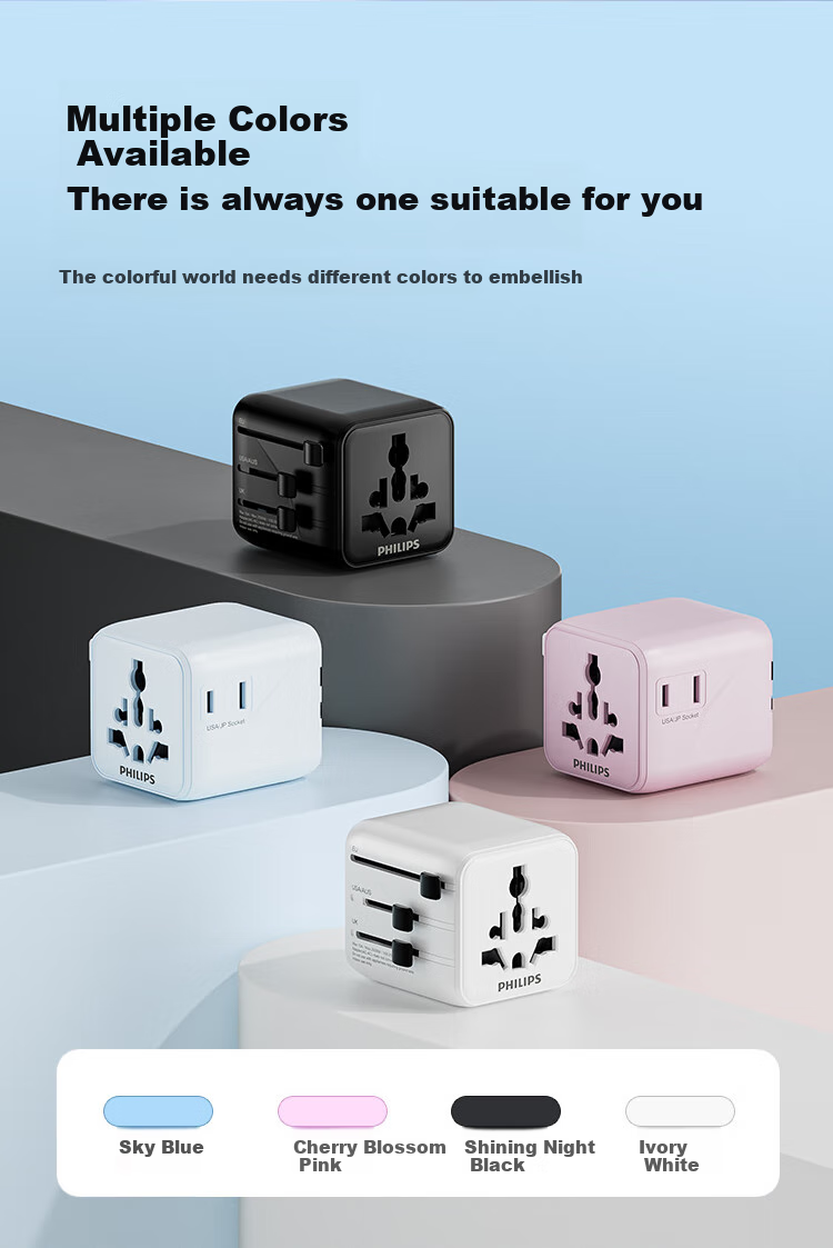 PHILIPS Side-Insert 2-Outlet Travel Adapter/multi-Country Universal International Travel Socket Converter/Compatible with UK, EU, US, AU, Japan, Hong Kong, Singapore, Thailand, Includes Powder 9