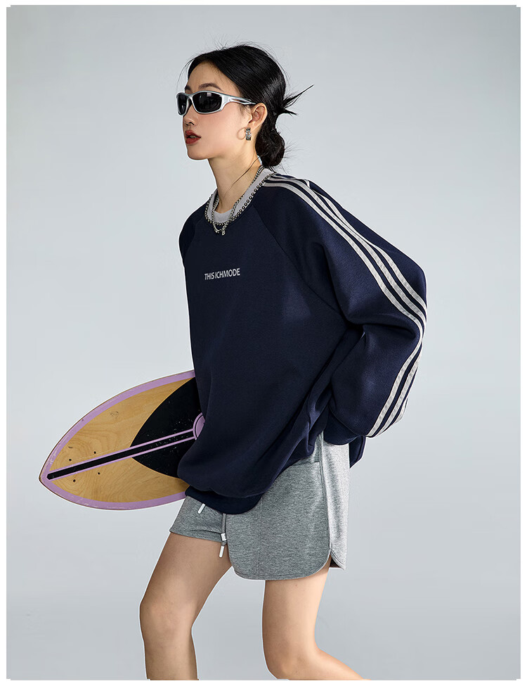 ICH MODE American Style Crewneck Pullover Sweatshirt Vintage Striped Women's Spring Autumn Long Sleeve Loose Sports Jacket Blue M 17