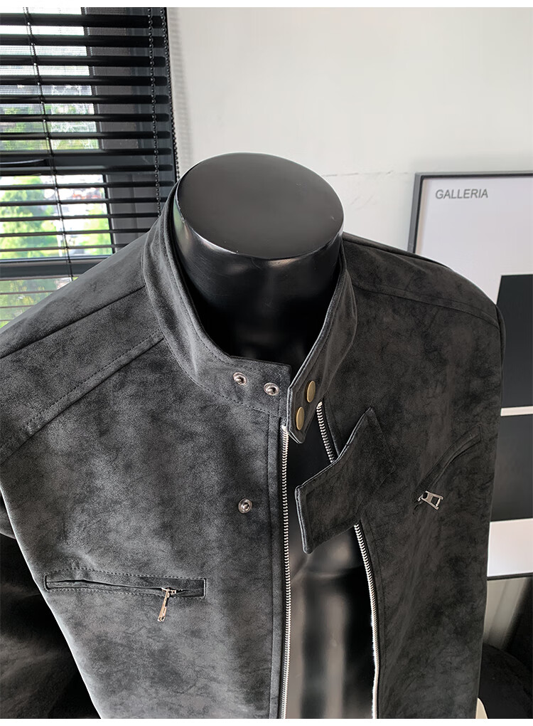 IZEXX Men's American Style Tie-Dye Jacket Autumn Winter Stand Collar Trendy Shoulder Motorcycle Leather Jacket ZGJ58 Black XL 2