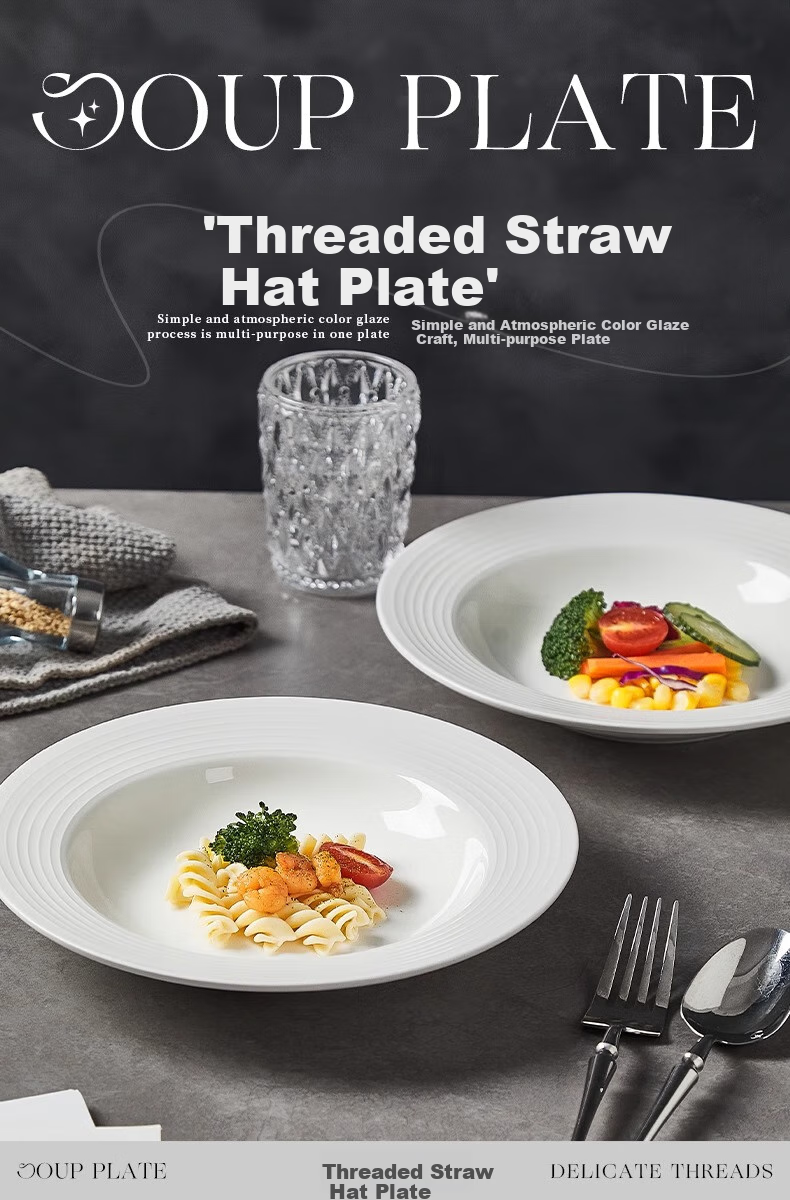 JIWUSENLIN Straw Hat Plate, Household Salad Plate, Threaded Ceramic Soup Bowl, Western Pasta Dish, White, 8.5 Inches, Set of 4 1