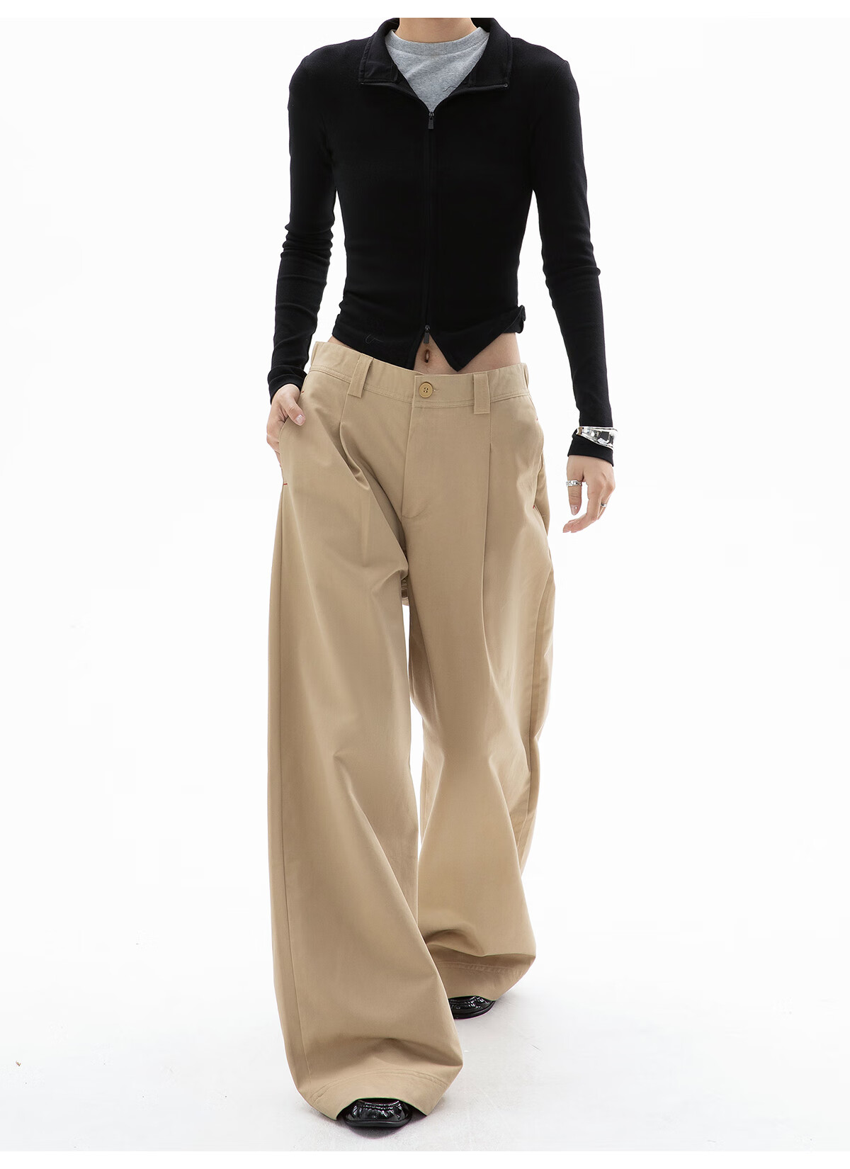 ICH MODE Women's American Style Straight-Leg Dress Pants Autumn Winter New Loose Wide-Leg Suit Trousers Casual Khaki Pants Khaki M 6