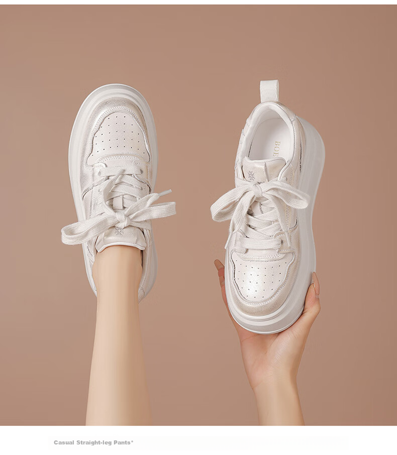 BOERDIQI Top-Grain Leather Versatile White Sneakers for Women, Thick-Soled Height-Increasing Casual Sports Shoes, White And Black, Size 36 19