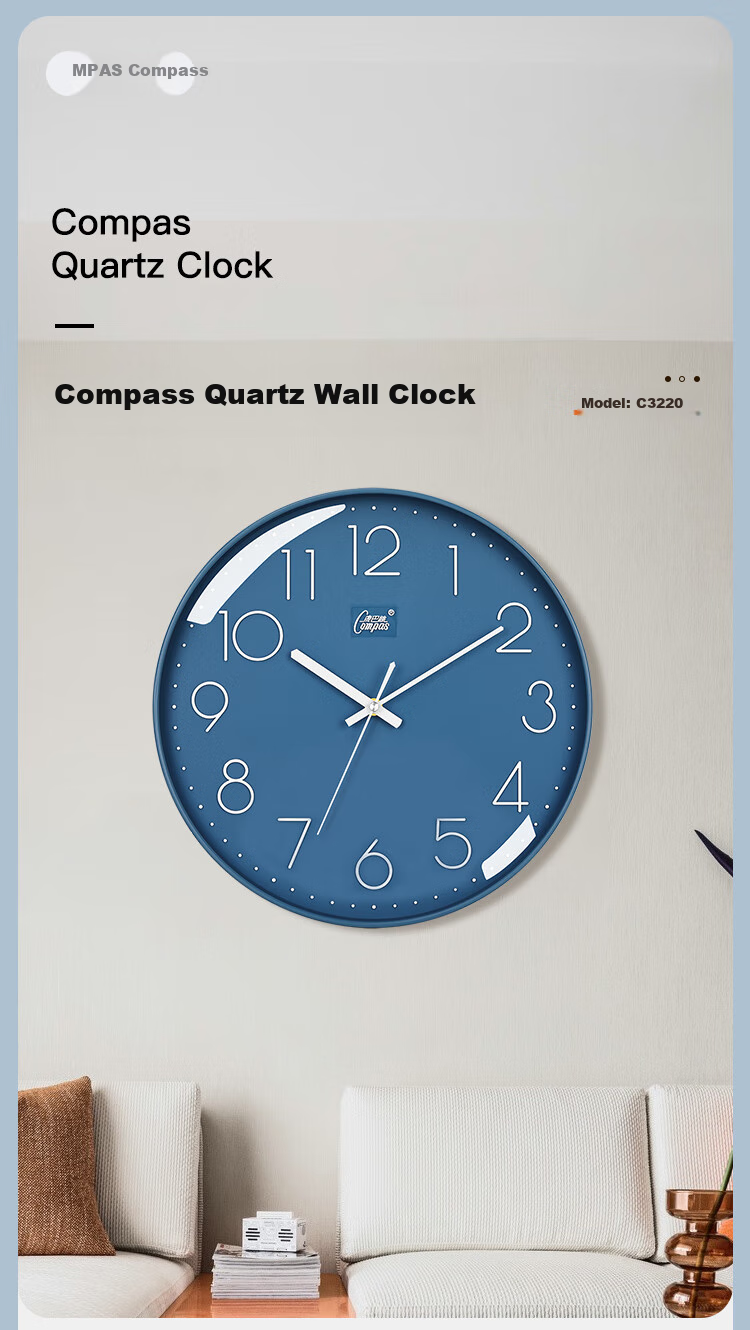 Compas Wall Clock, Living Room Quartz Clock, Simple Bedroom Timepiece, 3232 Black, 28cm 1