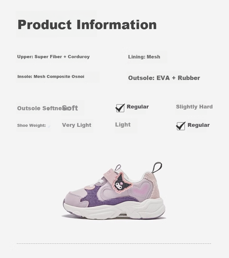 DAVE & BELLA Kuromi Co-Branded Children's Sneakers, Autumn Girls' Antibacterial Non-Slip Shoes for Older Kids 5