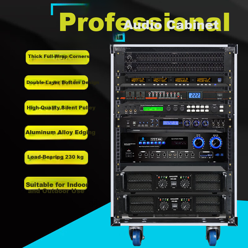 Shuledi ABS-80U Audio Rack, Speaker Cabinet, 16U Rack, Mobile Cabinet with Wheels, Equipment Rack for Amplifiers, Microphones, Main Units, Mixing Console, Square Aviation Case, Performance Use without Doors
