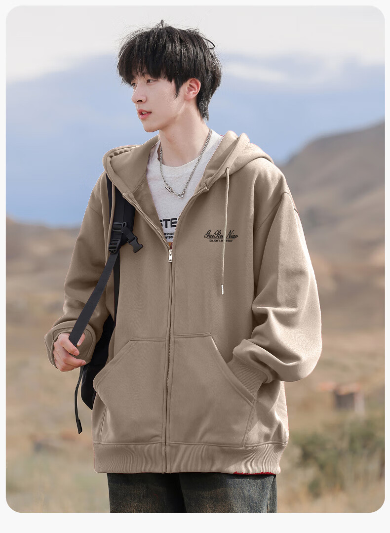 Guirenniao Heavyweight Cardigan Hoodie Men Spring Autumn Youth Casual Hooded Jacket Light Gray [Regular] XL 10
