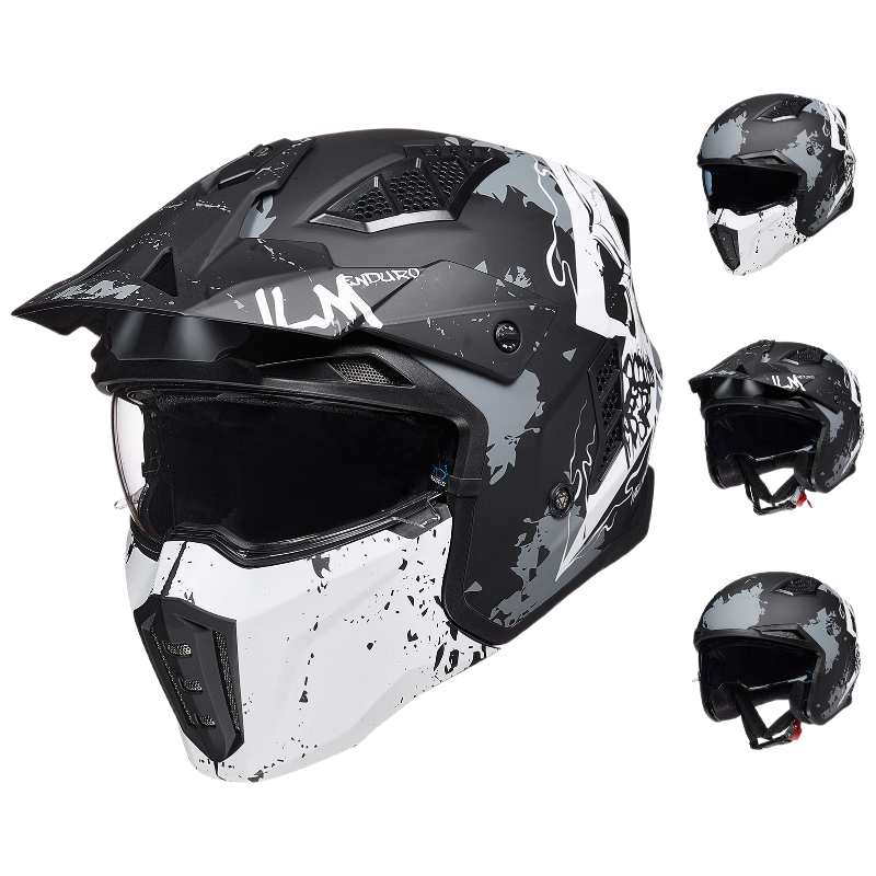ILM Motorcycle Helmet Full Face 3C Certified Three-Quarter Skull Black L (56-57cm)