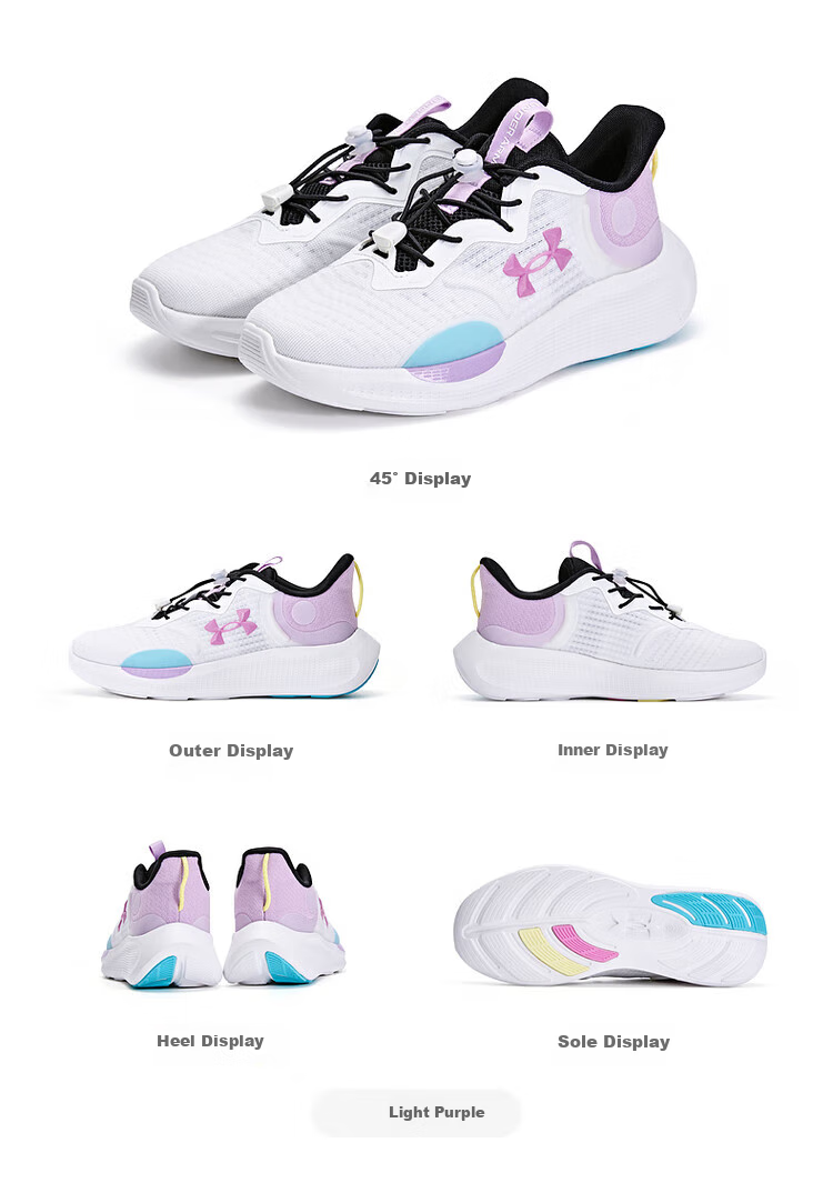 Under Armour Youth Boys and Girls Mesh Breathable High Elastic Non-Slip Strap Physical Fitness Running Shoes 2511104 Light Purple Size 39 14
