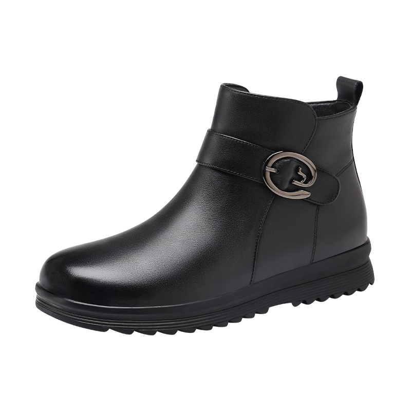Red Dragonfly Women's Winter Warm Fleece-Lined Leather Cotton Shoes Comfortable Soft Sole Ankle Boots WTC457531H Black Size 37