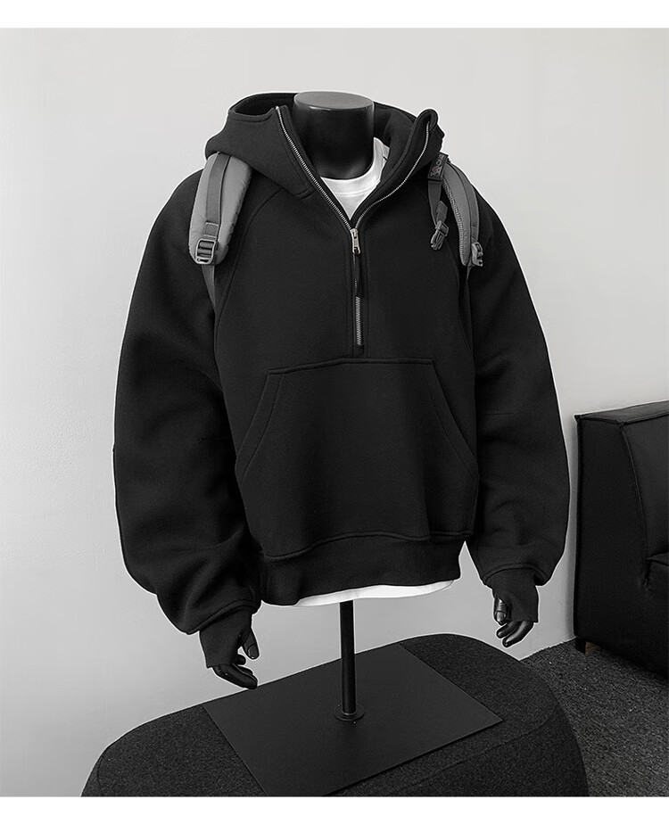 Dingfengbaoluo American Heavyweight Hoodie Men Autumn Loose Casual Half-Zip Pullover Jacket XD61 Black L 6