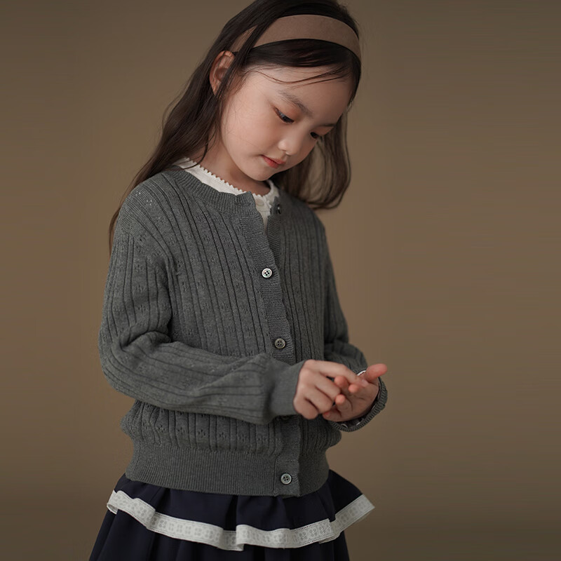 Hacikis Kids Spring and Autumn Knitted Cardigan Simple High-End Feel Skin-Friendly Girls' Mid to Big Kids Gray 170