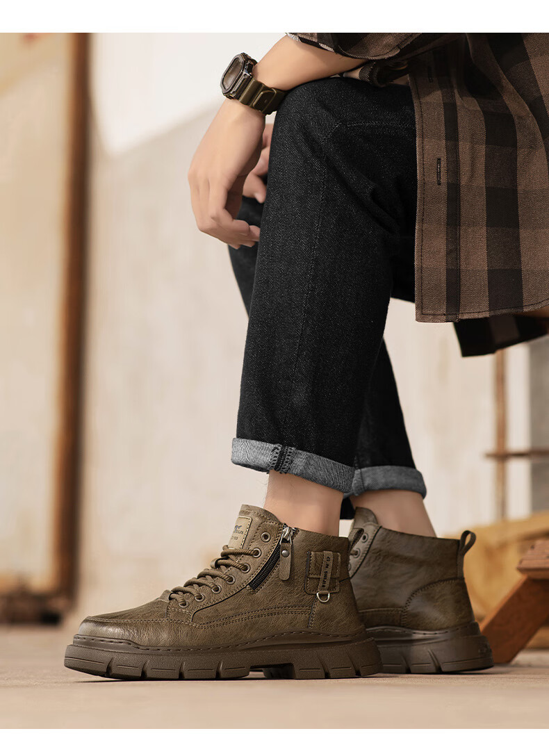 Bull Family Martin Boots Men Autumn Winter New Retro British Style Side Zipper Work Shoes High Top Outdoor Combat Boots 9