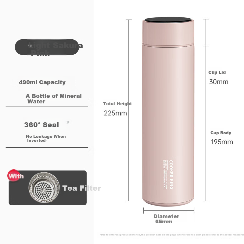 COOKER KING Insulated Mug, 316L Medical-Grade Stainless Steel Tea Infuser Business Portable Thermos Cup, Pink, 490ml