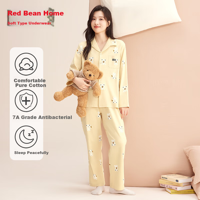 Hodohome Women's 7A Antibacterial Cartoon All-Over Print Pajamas, Pure Cotton Loungewear, Moonlight Yellow, M